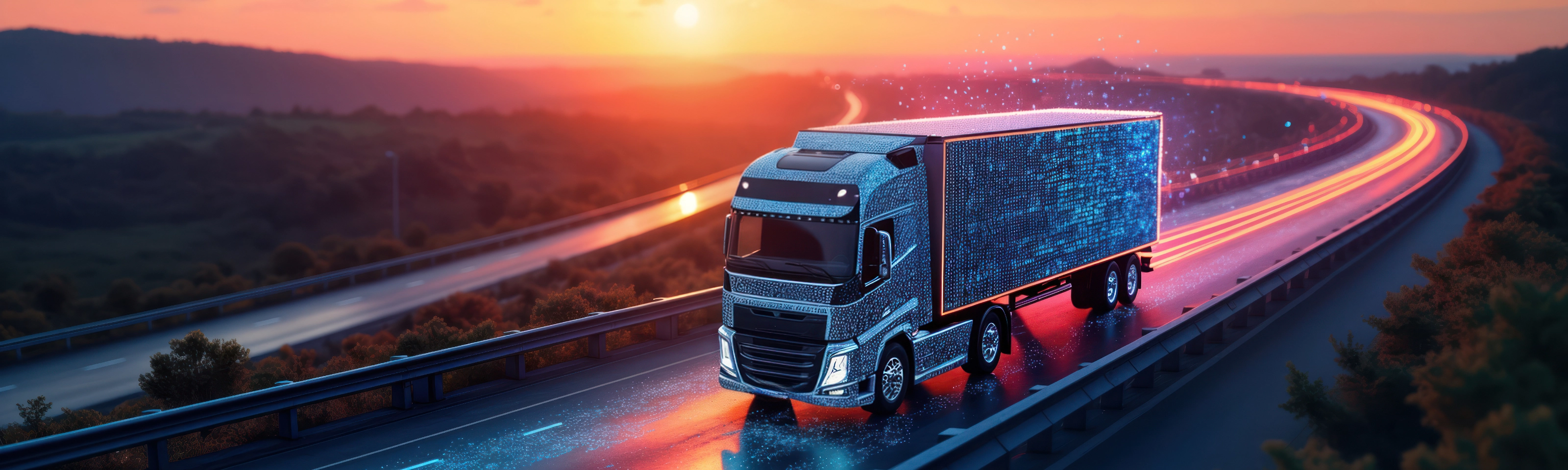 Futuristic autonomous truck drives on a glowing digital highway at sunset.