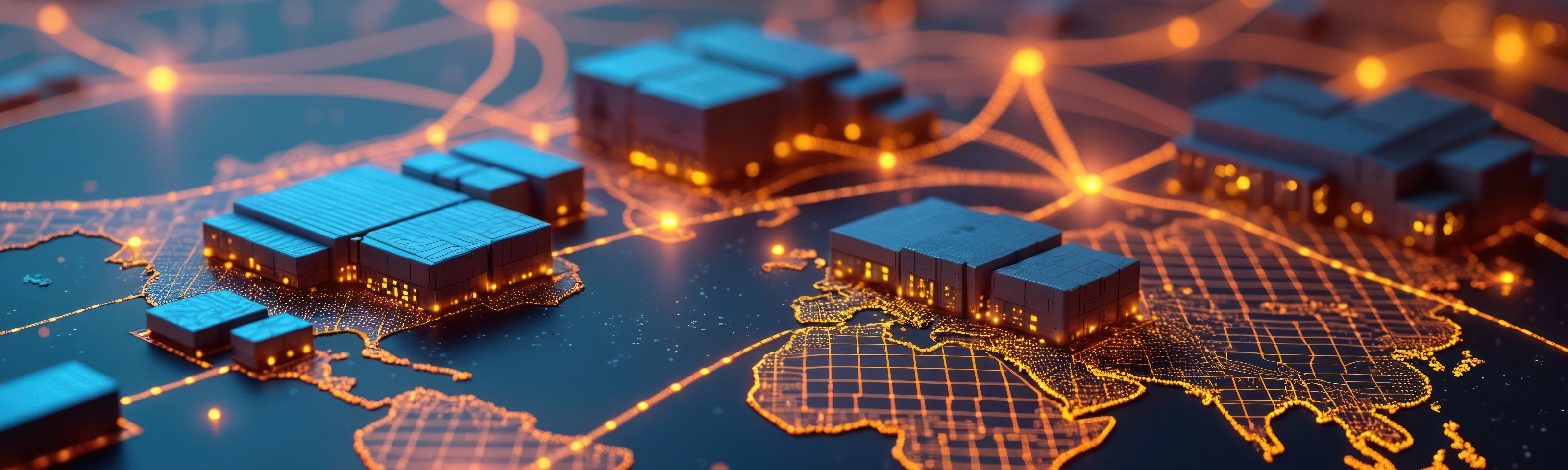 Futuristic 3D map shows global warehouses connected by glowing supply chain paths.