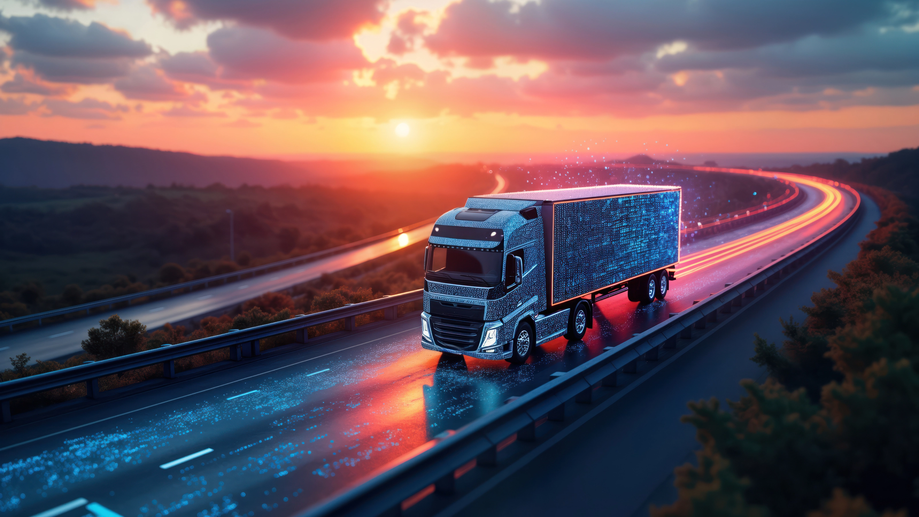 Futuristic autonomous truck drives on a glowing digital highway at sunset.