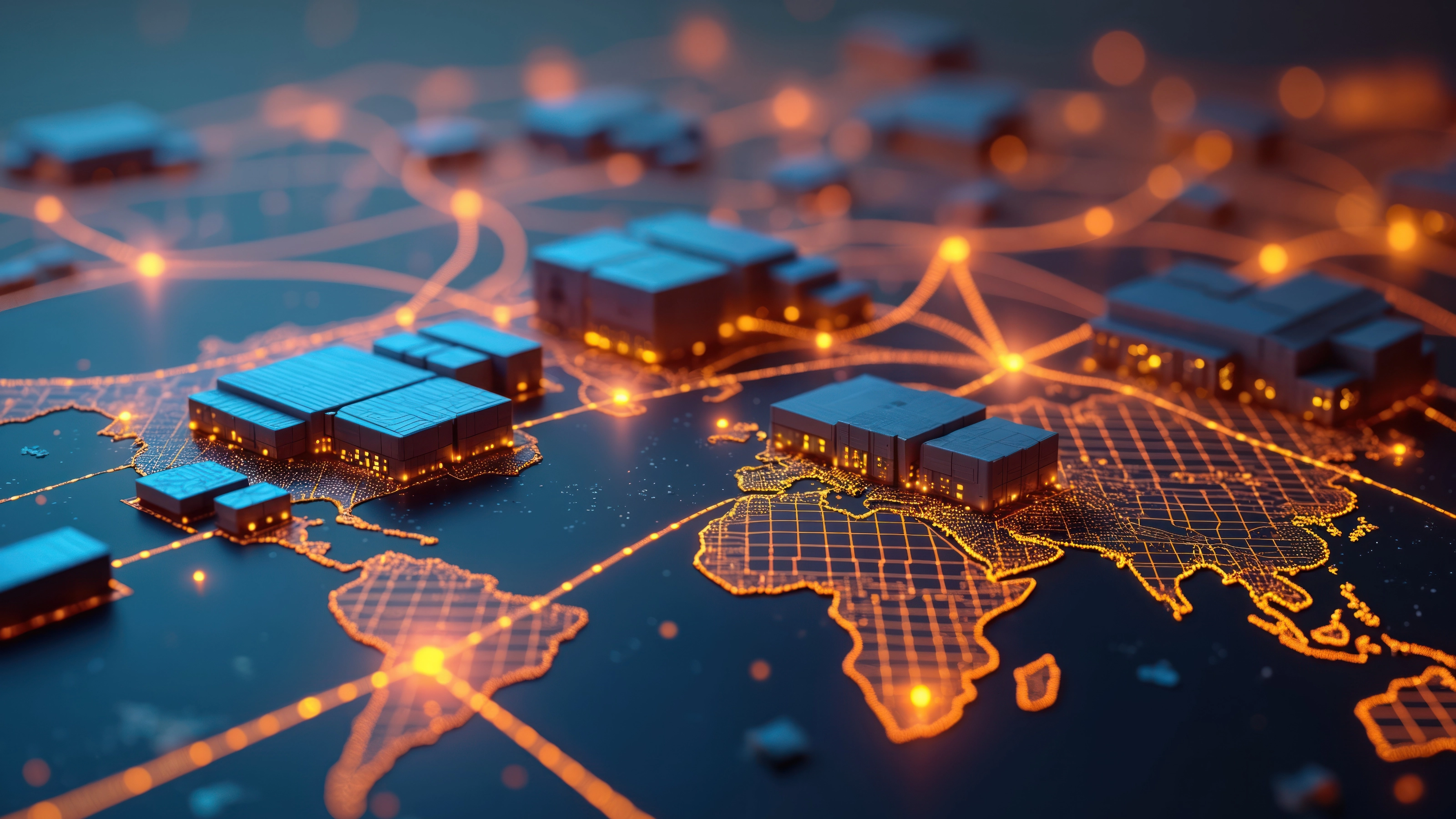Futuristic 3D map shows global warehouses connected by glowing supply chain paths.