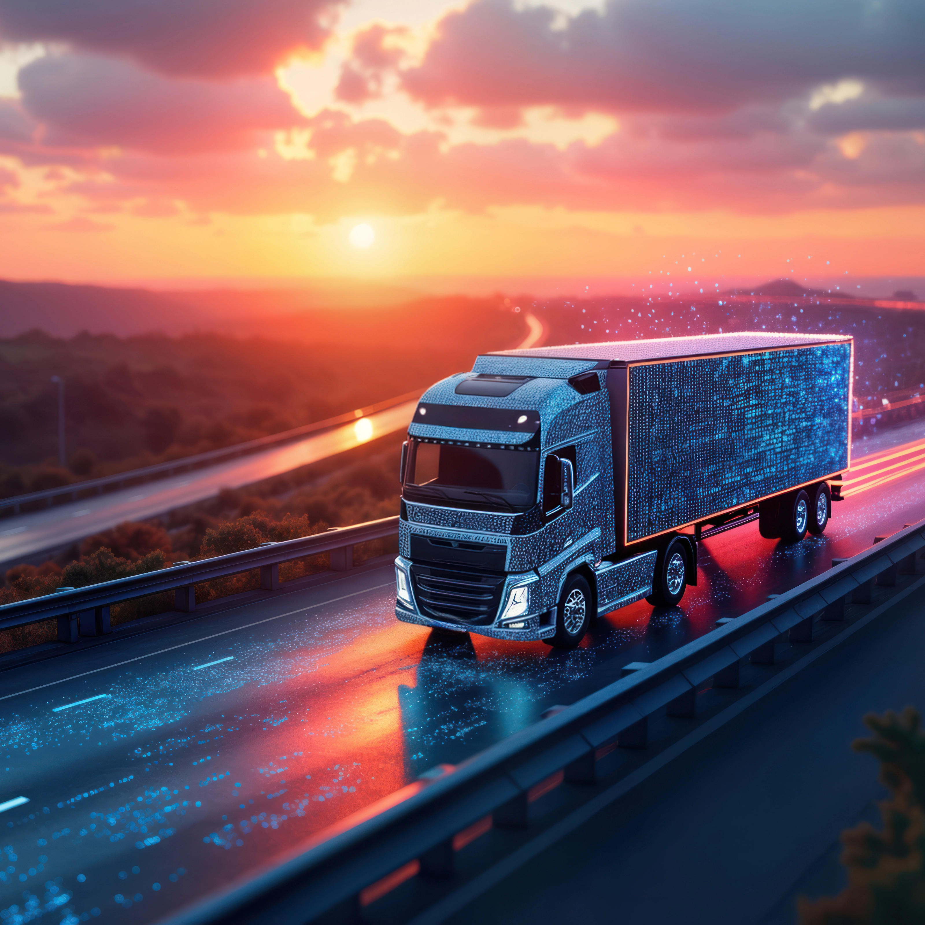 Futuristic autonomous truck drives on a glowing digital highway at sunset.