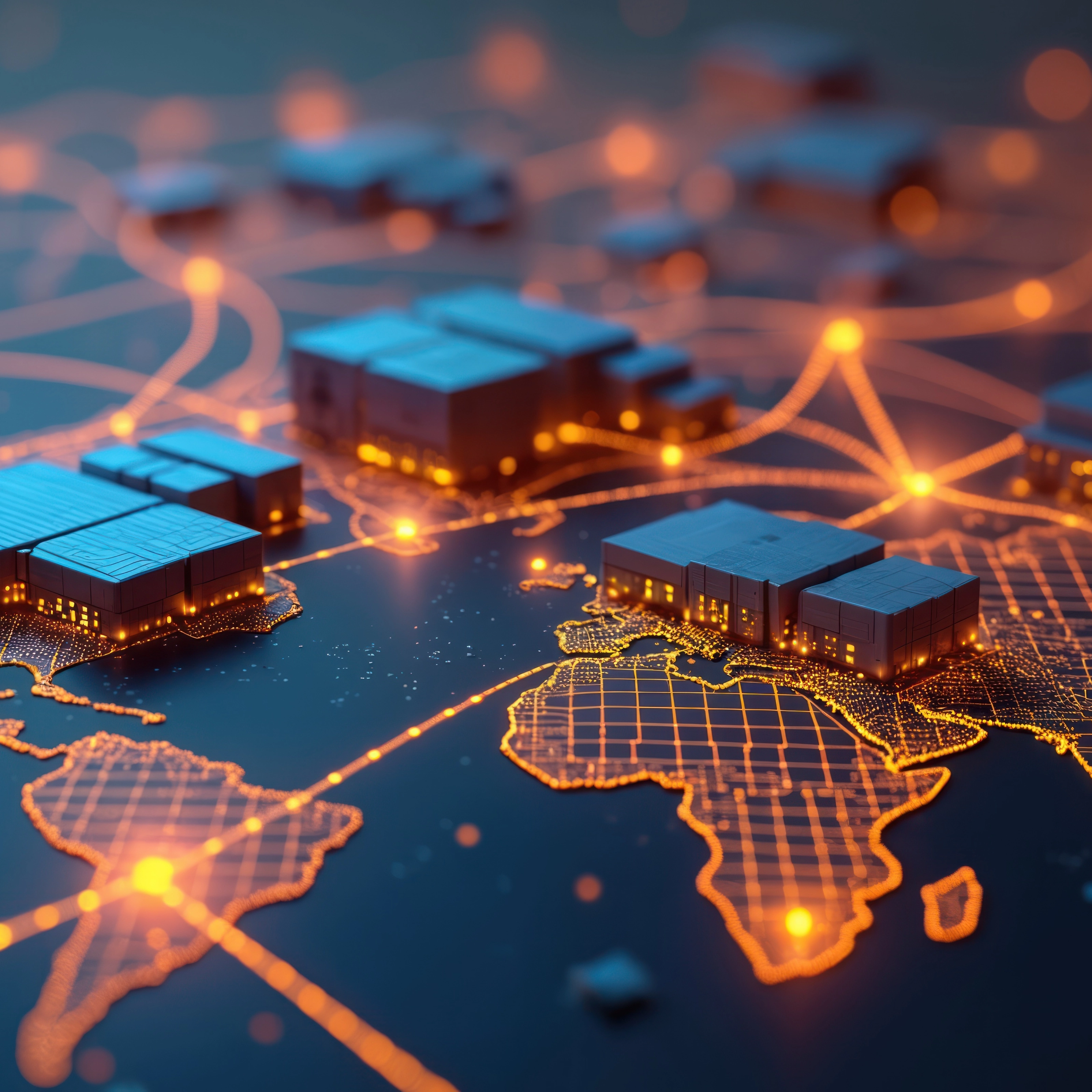 Futuristic 3D map shows global warehouses connected by glowing supply chain paths.