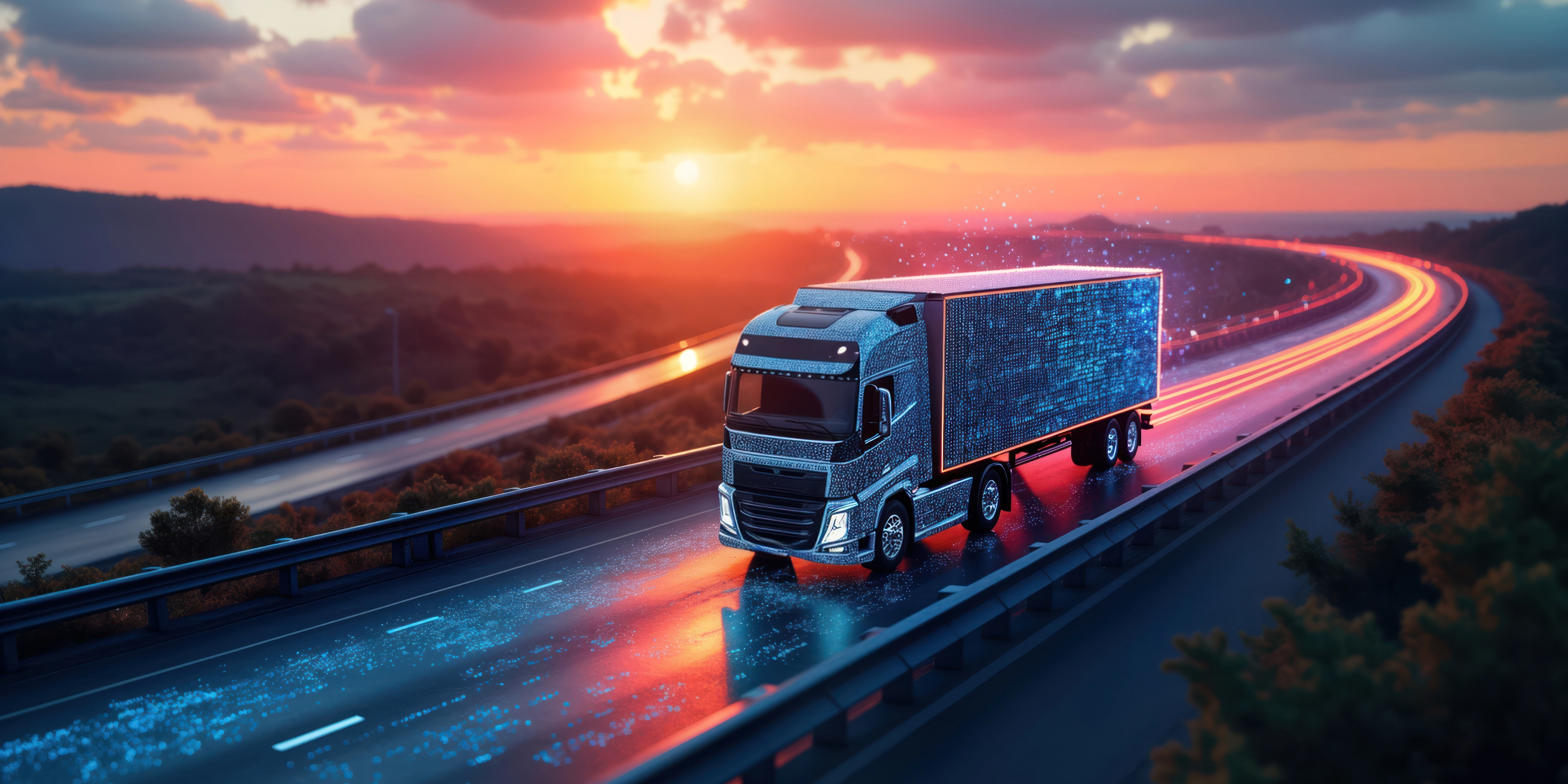 Futuristic autonomous truck drives on a glowing digital highway at sunset.