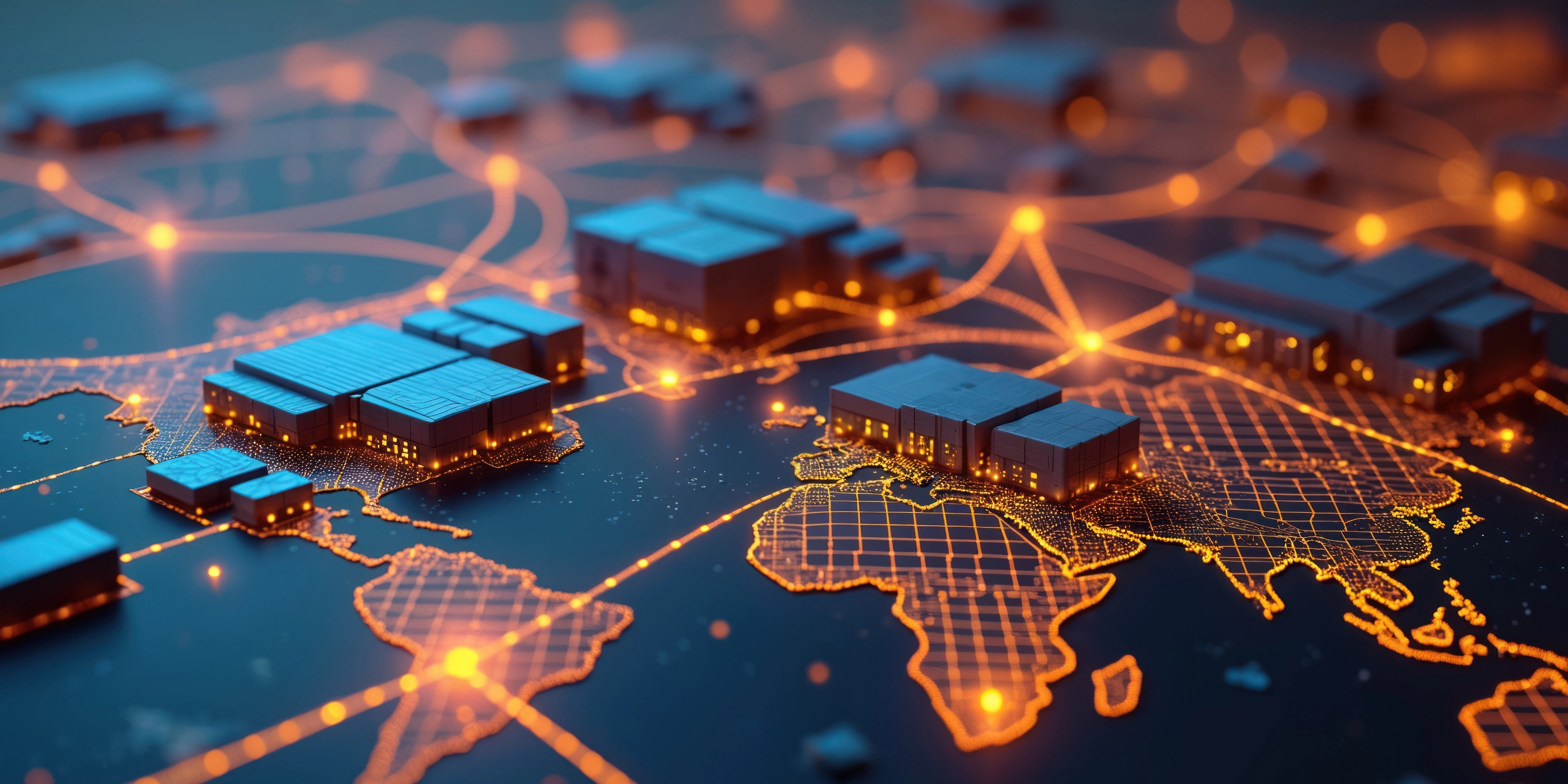 Futuristic 3D map shows global warehouses connected by glowing supply chain paths.