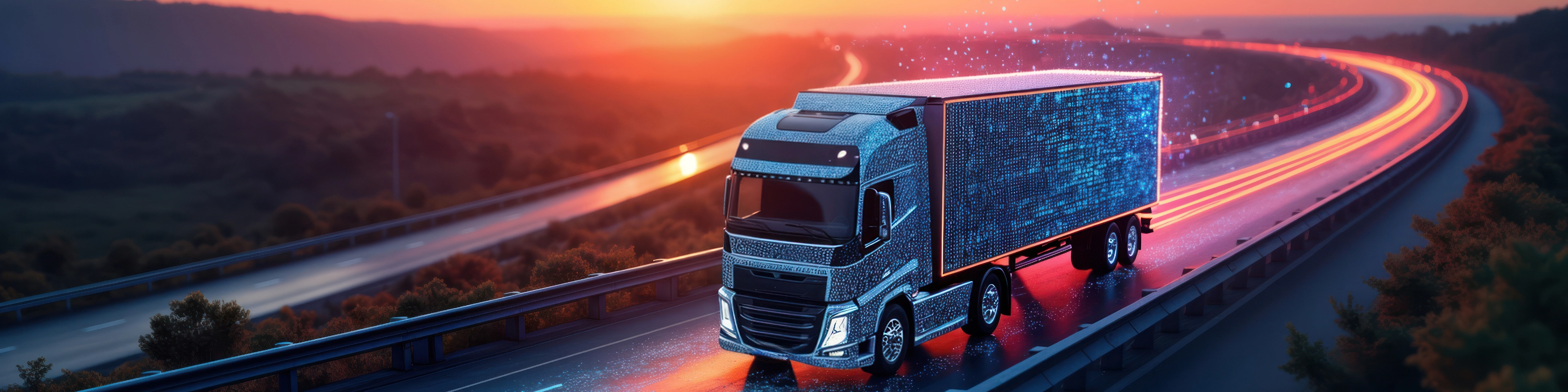 Futuristic autonomous truck drives on a glowing digital highway at sunset.