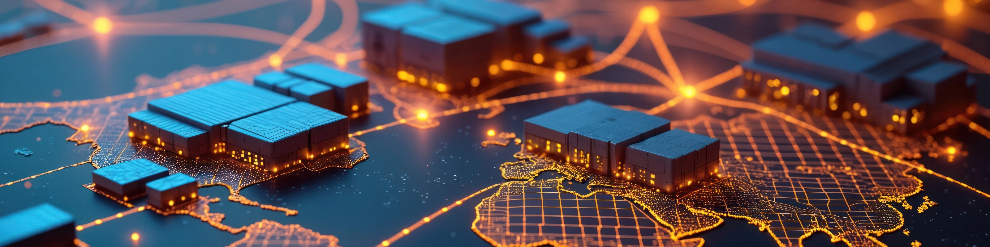 Futuristic 3D map shows global warehouses connected by glowing supply chain paths.