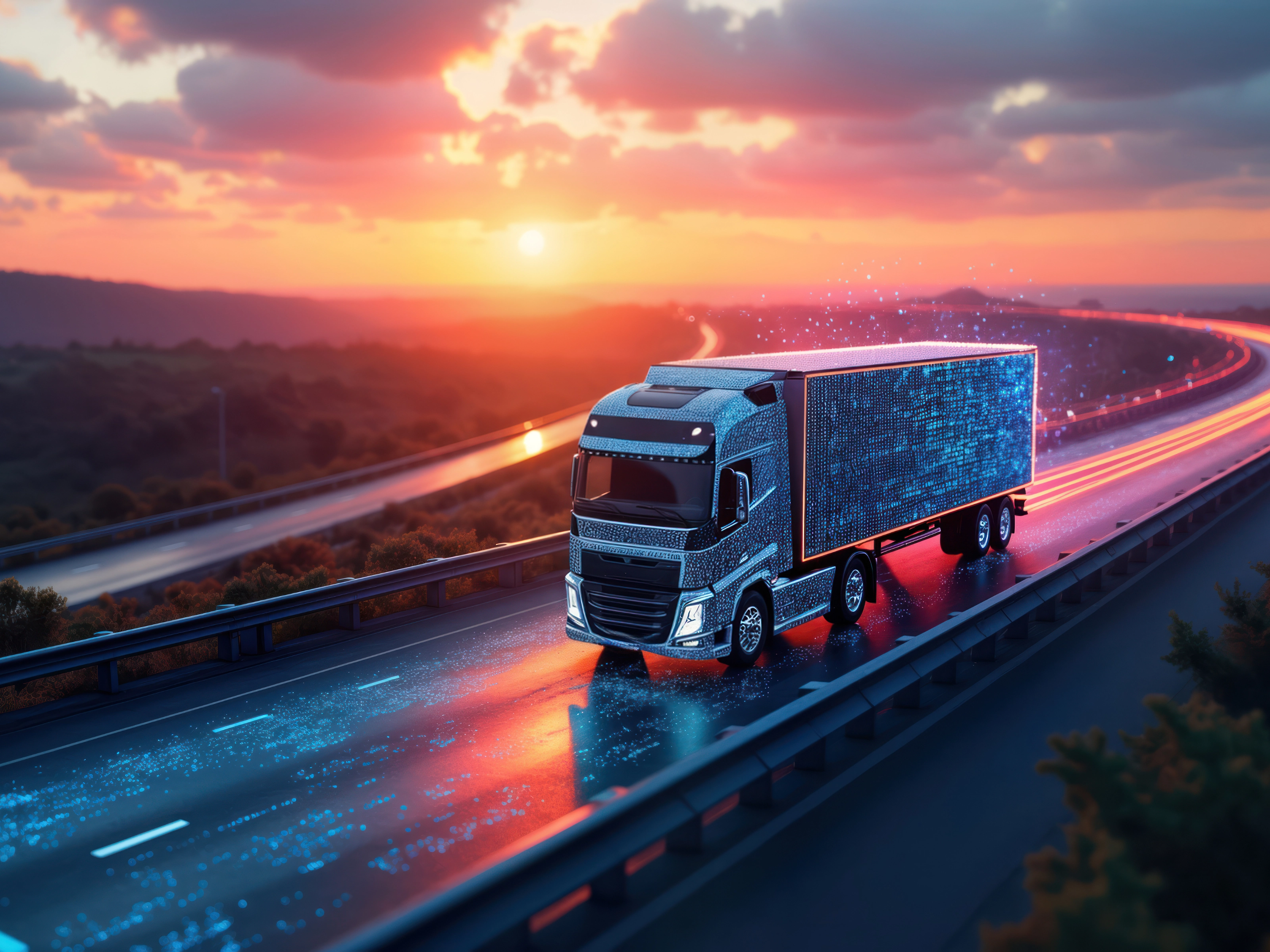 Futuristic autonomous truck drives on a glowing digital highway at sunset.