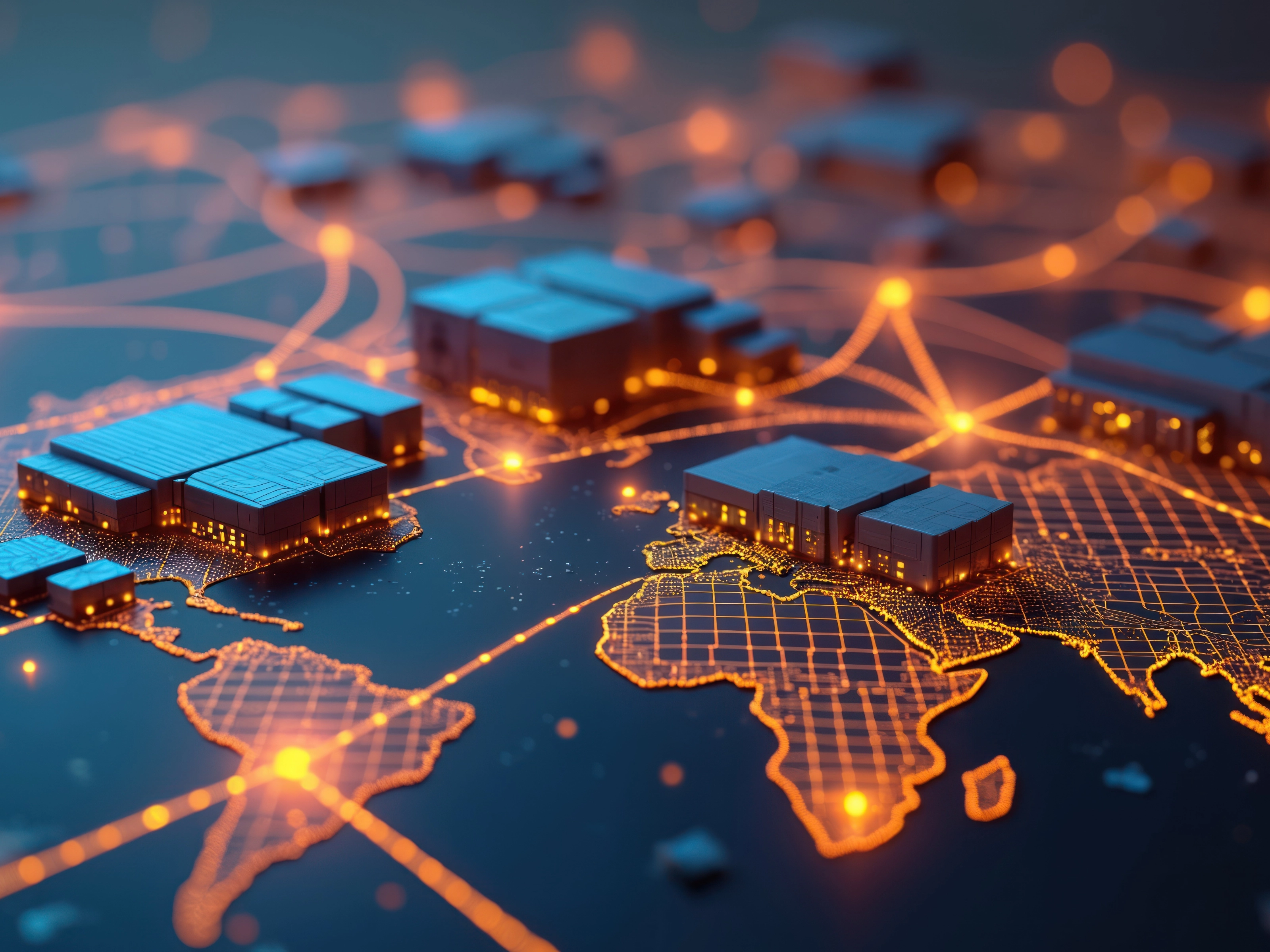Futuristic 3D map shows global warehouses connected by glowing supply chain paths.