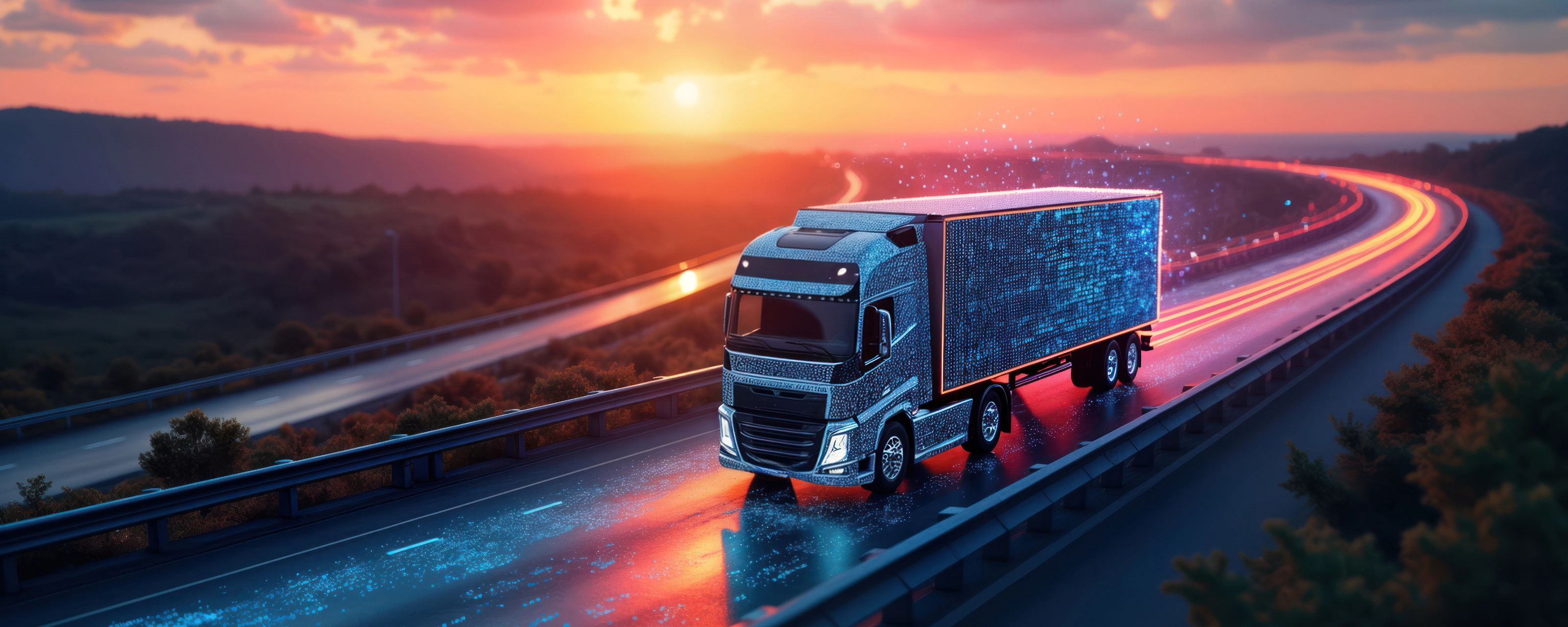 Futuristic autonomous truck drives on a glowing digital highway at sunset.