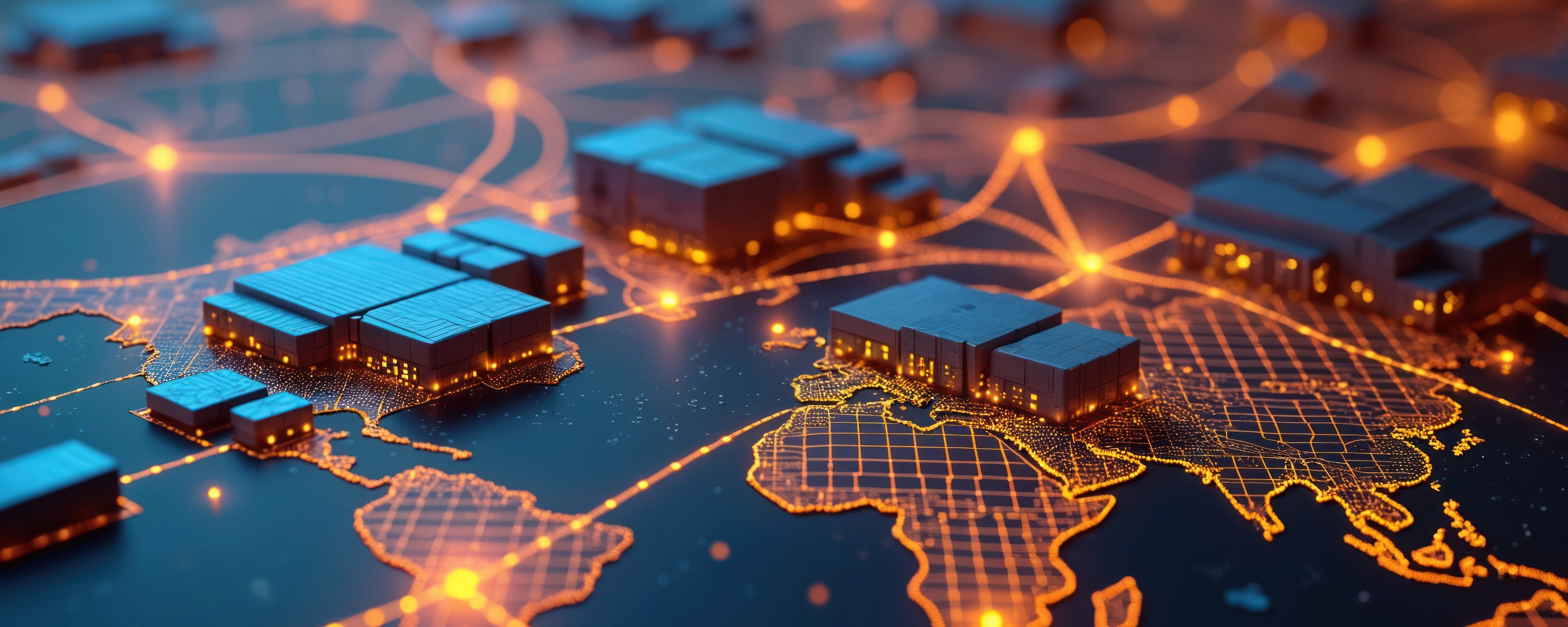Futuristic 3D map shows global warehouses connected by glowing supply chain paths.